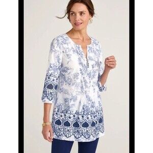 Soft Sorroundings Nimes Tunic Embroidered Blue White Plus Size 1X